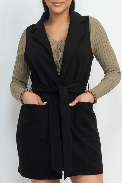 Belted Longline Sleeveless Coat
