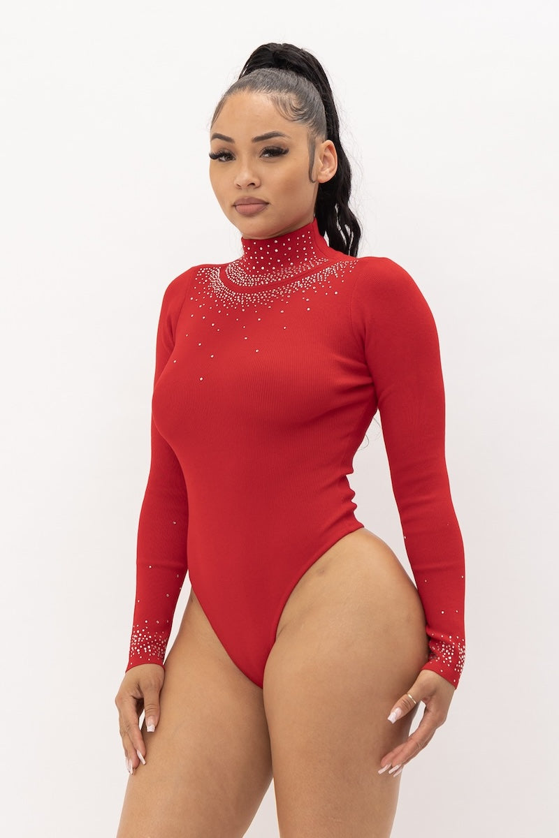 Mock Neck Diamond Stone Long Sleeve Bodysuit