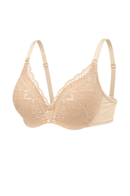 A beige wireless underwire bra with floral lace cups and adjustable shoulder straps, shown against a plain white background.