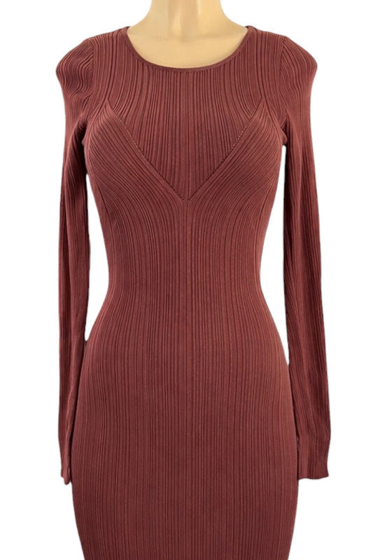 brown ribbed dress on a mannequin against a white background