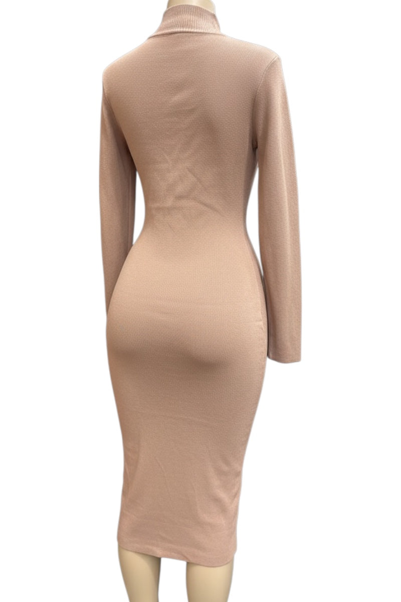 Beige long-sleeve dress on a mannequin against a white background