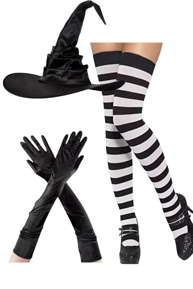 Black witch costume accessory set featuring a pointed black hat, long black gloves, and black-and-white striped thigh-high stockings, shown on a plain white background with one set displayed on a cropped leg model and the other as a standalone pair.