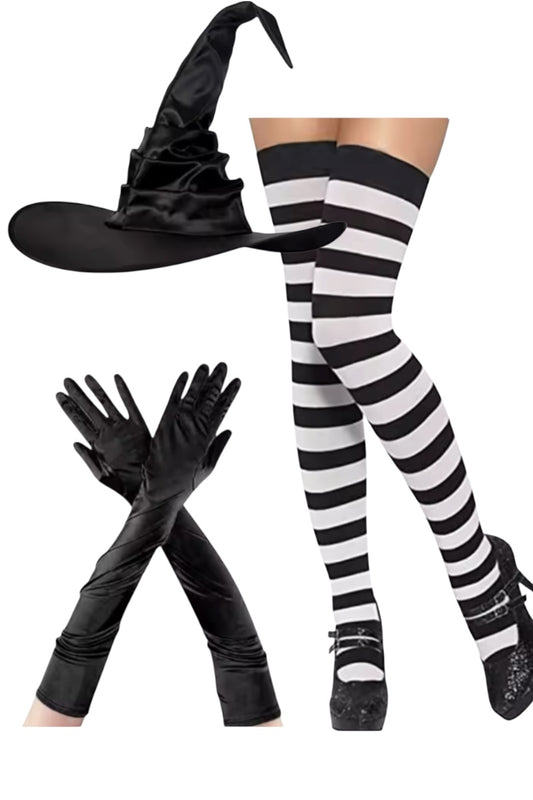 Black witch costume accessory set featuring a pointed black hat, long black gloves, and black-and-white striped thigh-high stockings, shown on a plain white background with one set displayed on a cropped leg model and the other as a standalone pair.