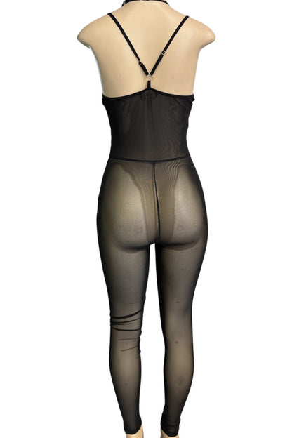 Black sheer mesh bodysuit with a strappy back design, shown from the back on a mannequin against a white background.