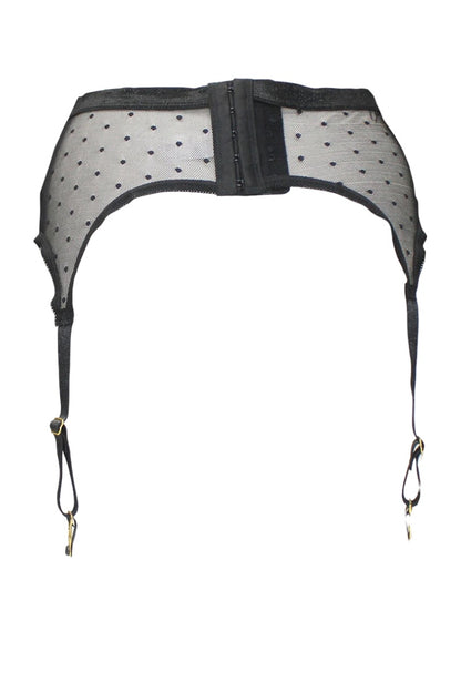 Black corset belt with polka dot design on a white background