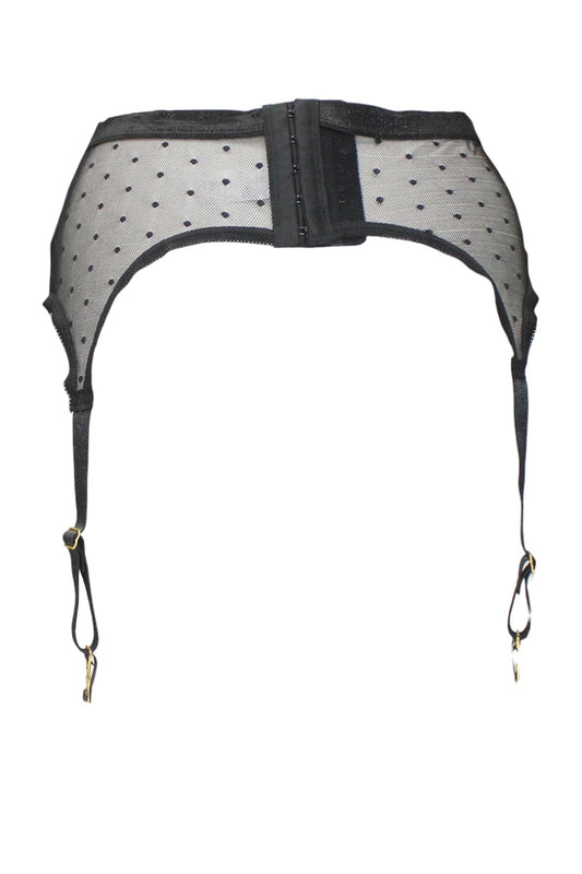 Black corset belt with polka dot design on a white background