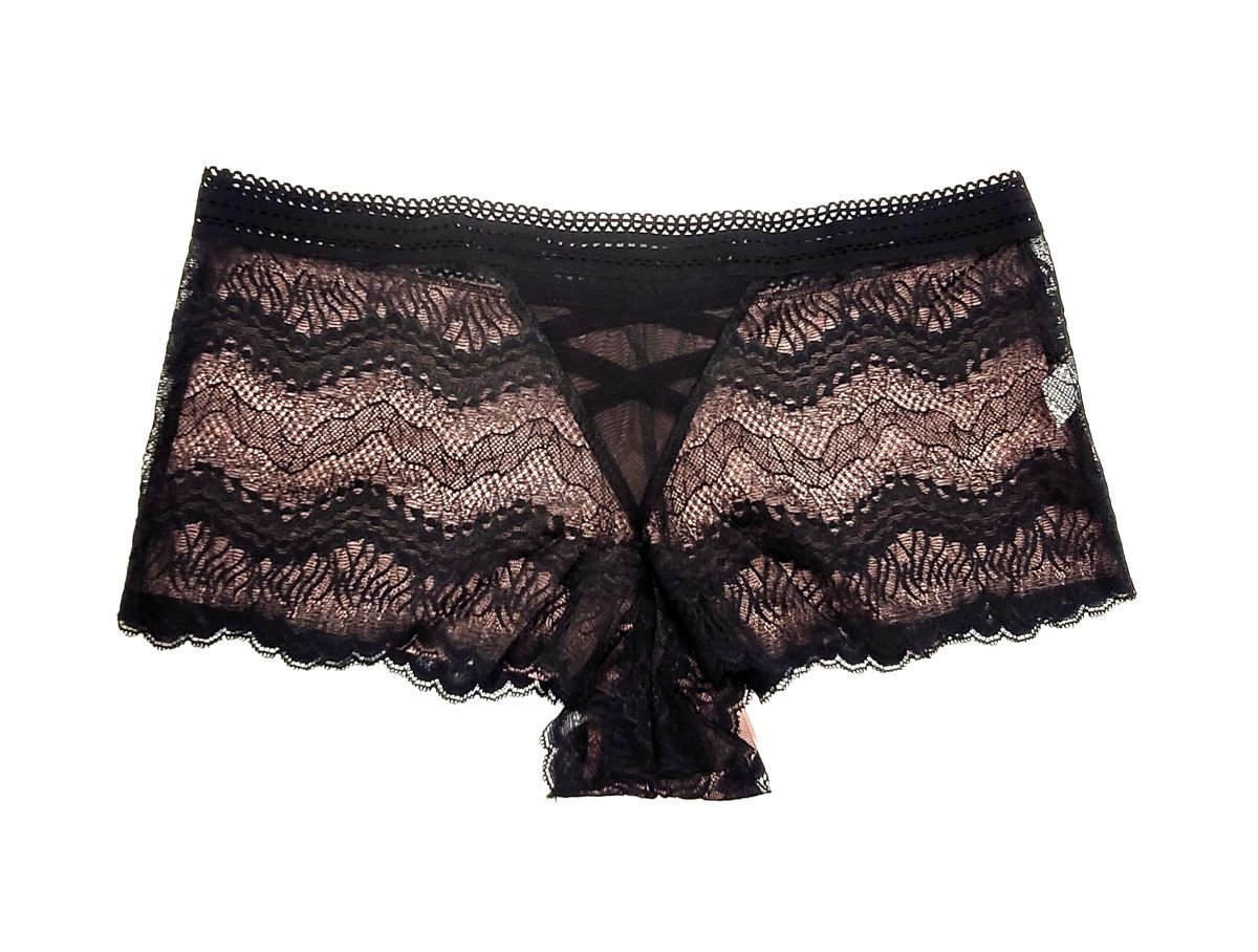 Black lace panties with a sheer zigzag pattern and scalloped edges, shown flat against a white background.