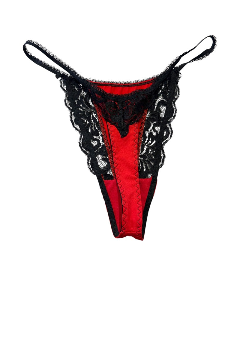Red and black lace thong underwear with thin adjustable straps, shown against a plain white background.