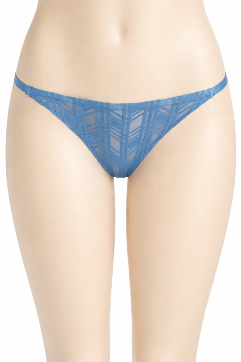 Blue lace thong on a white background