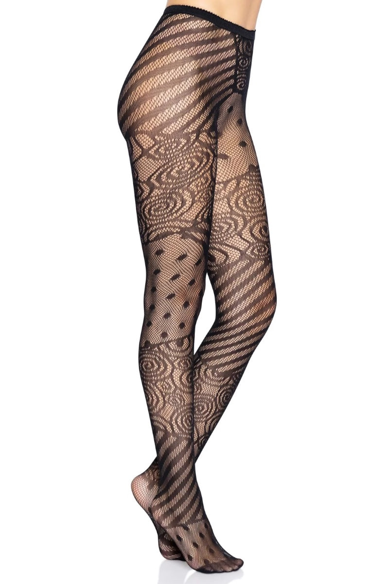 Black sheer patterned tights with diagonal stripes and circular lace-like motifs, shown on a model's legs against a white background.