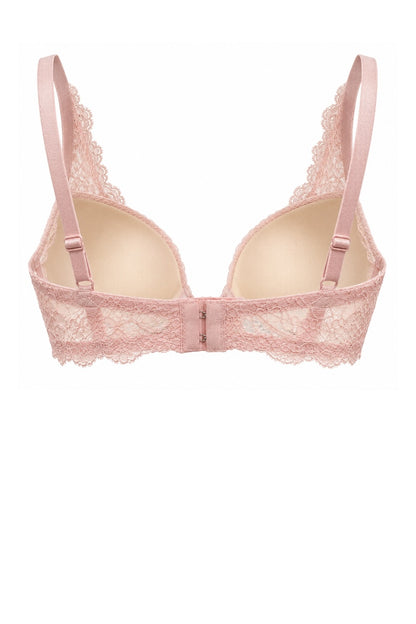 Back side of a Blush pink underwire bra with floral lace cups, scalloped lace shoulder straps, and a sheer lace back on a white background. 