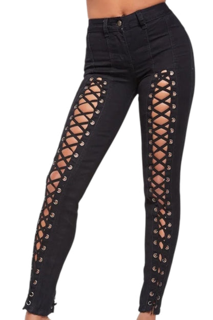 Black jeans with lattice detailing on a white background