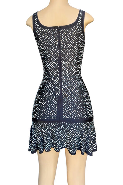 Black dress rhinestone pattern on a mannequin against a white background