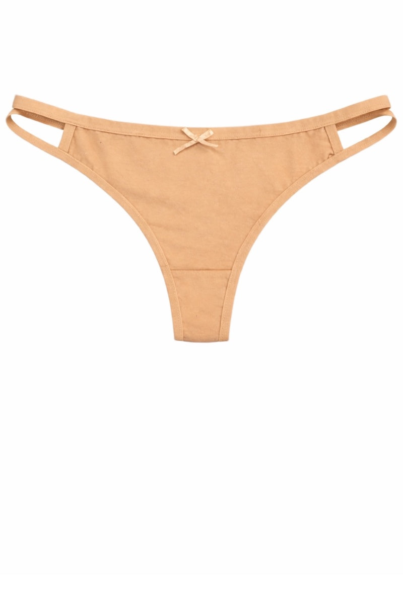 Beige thong bikini bottom on a white background