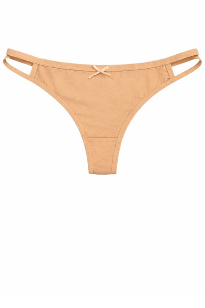 Beige thong bikini bottom on a white background