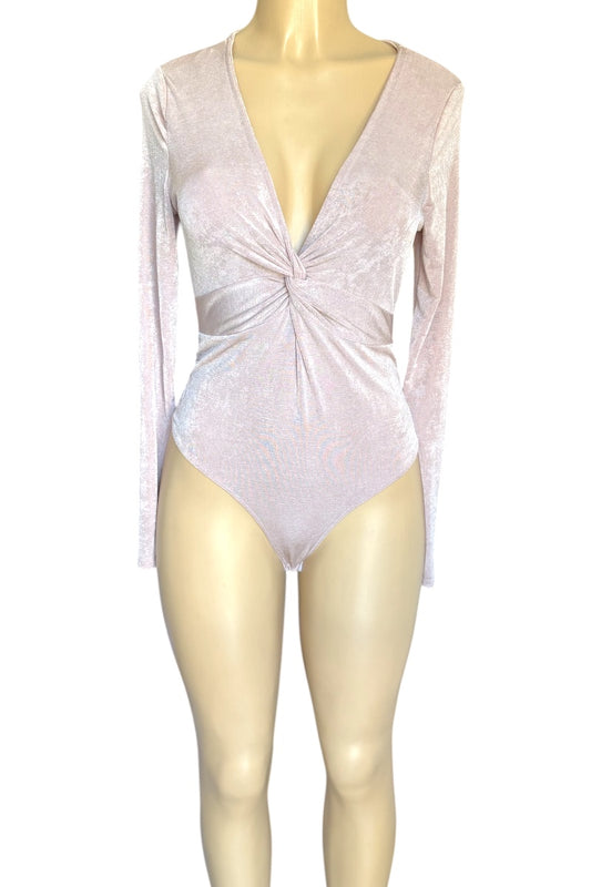 Mannequin wearing a light pink bodysuit on a white background