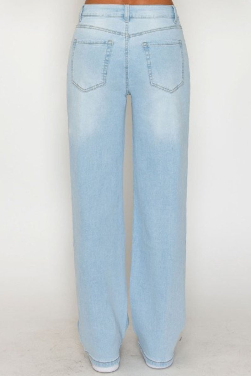 Light blue straight-leg denim jeans shown from the back, featuring a faded wash and standard back pocket design, worn by a model against a plain white background.