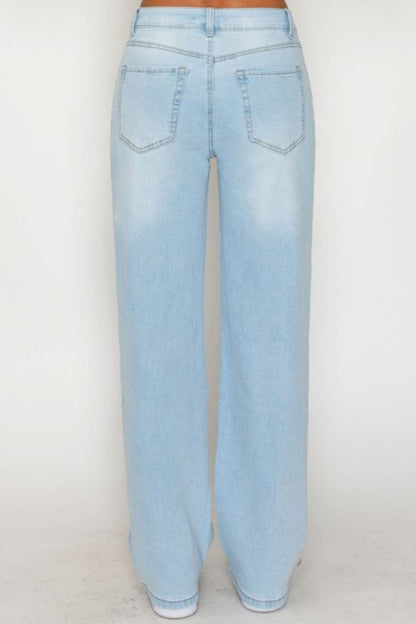 Light blue straight-leg denim jeans shown from the back, featuring a faded wash and standard back pocket design, worn by a model against a plain white background.