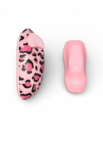 Pink device with leopard print design on a white background