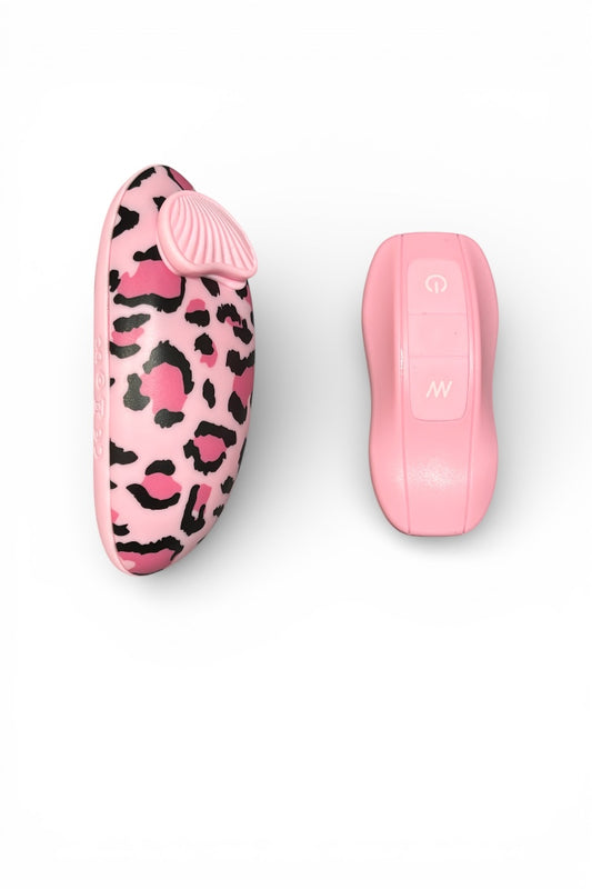 Pink device with leopard print design on a white background
