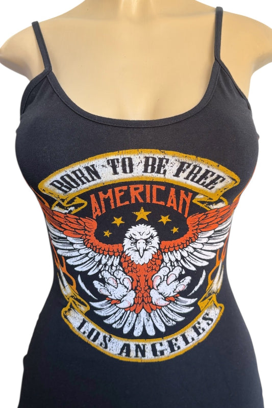 Black tank top with an eagle graphic and text on a mannequin