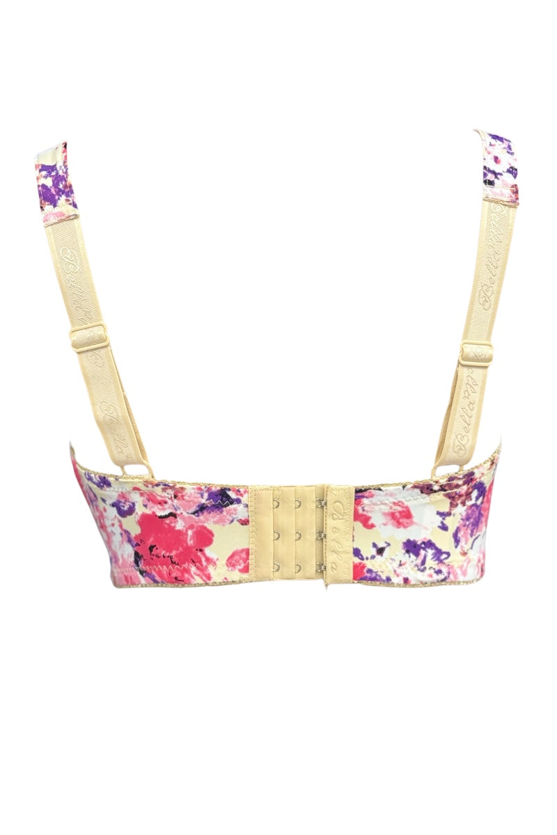 Floral-patterned bra with beige straps on a white background