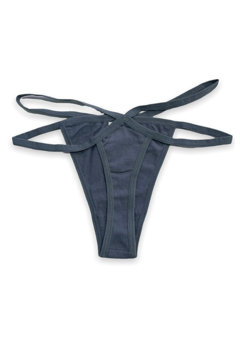 charcoal thong with thin straps on a white background