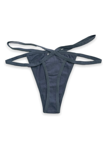 charcoal thong with thin straps on a white background
