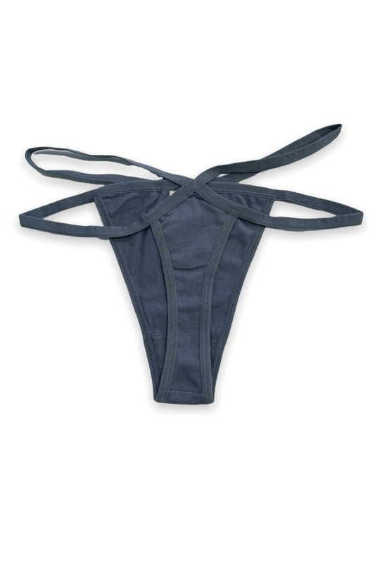 charcoal thong with thin straps on a white background