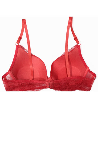 coral bra with lace details on a white background