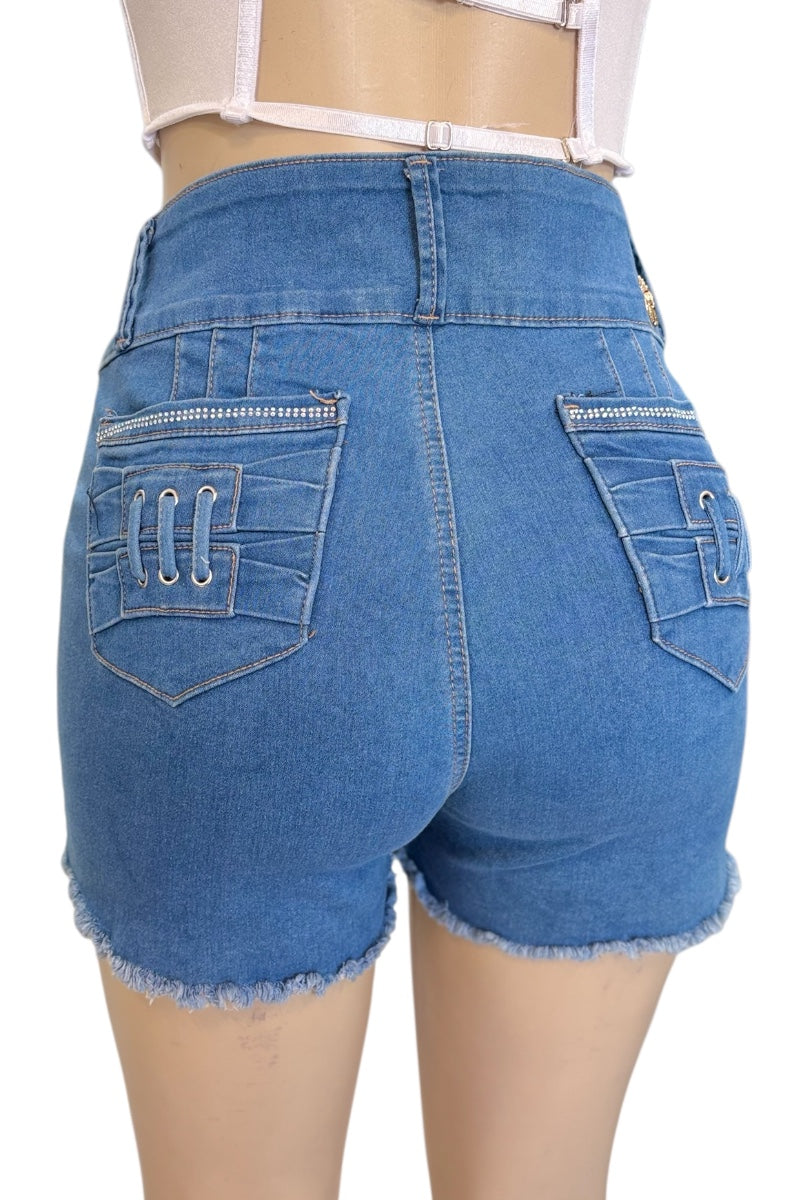 Blue denim shorts on a white background