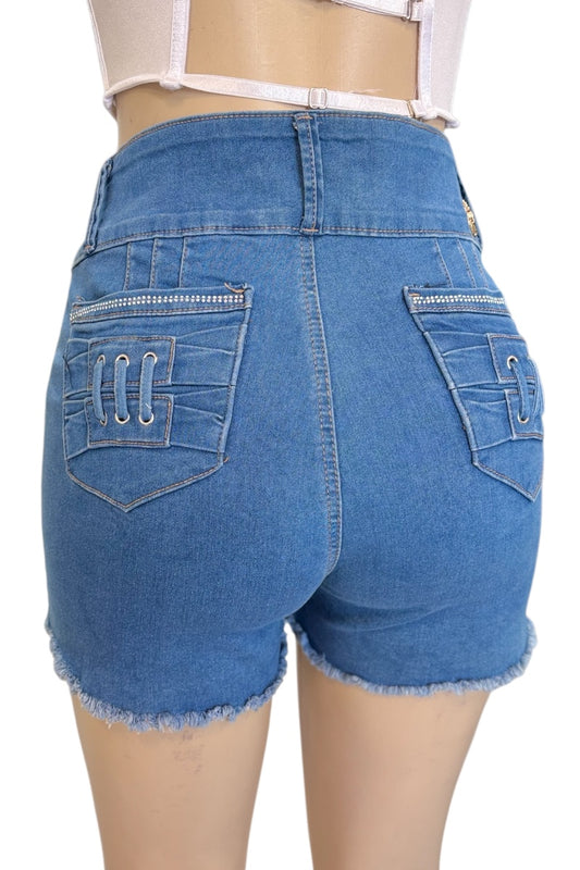 Blue denim shorts on a white background