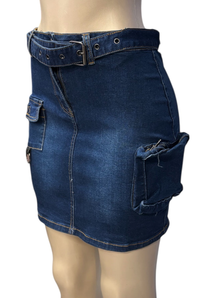 Blue denim skirt with cargo pockets on a white background