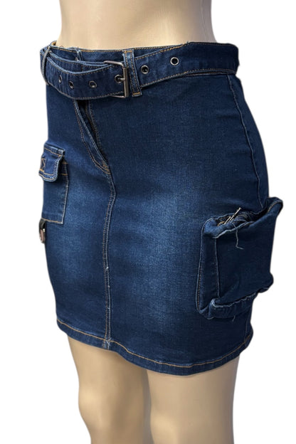 Blue denim skirt with cargo pockets on a white background