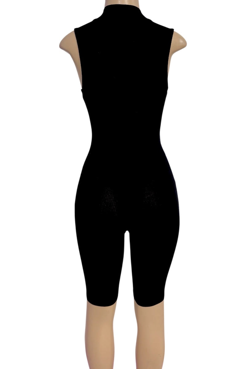 Black sleeveless high-neck romper shown from the back on a mannequin against a white background.