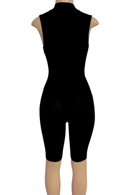 Black sleeveless high-neck romper shown from the back on a mannequin against a white background.
