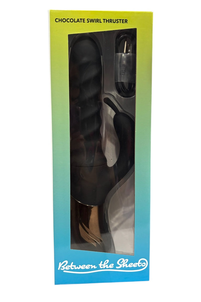 Product packaging for 'Chocolate Swirl Thruster' by 'Between the Sheets' with gradient green to blue design.