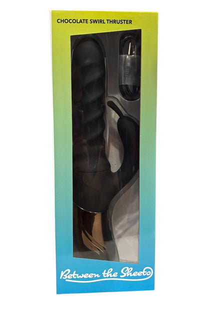Product packaging for 'Chocolate Swirl Thruster' by 'Between the Sheets' with gradient green to blue design.