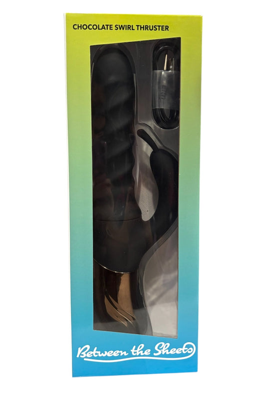Product packaging for 'Chocolate Swirl Thruster' by 'Between the Sheets' with gradient green to blue design.