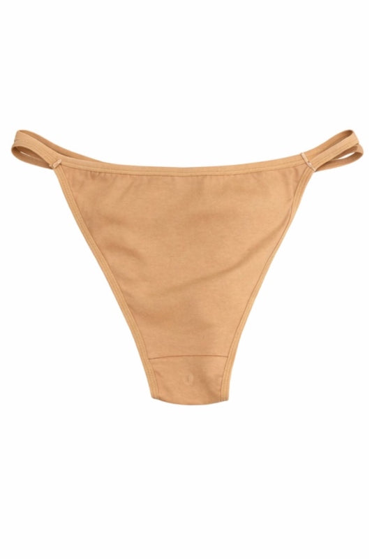 Tan panty bikini bottom on a white background