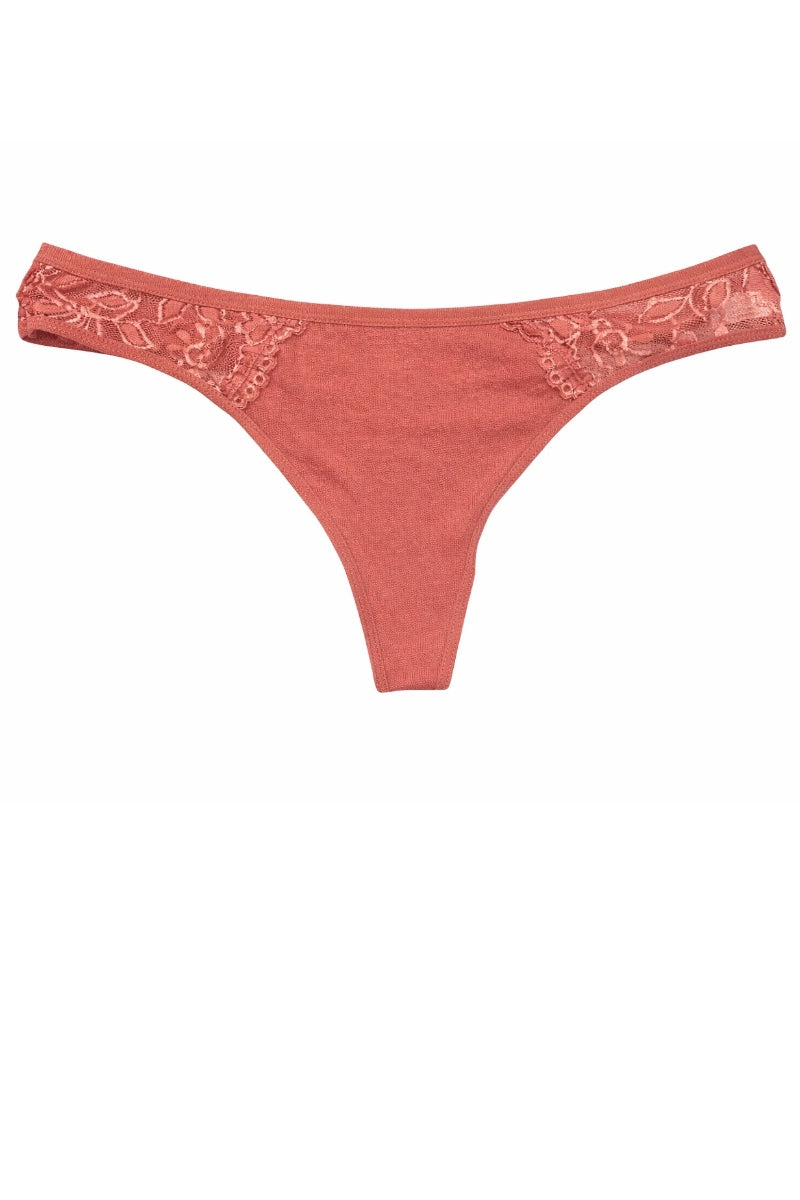 mauve glow thong with floral lace details on a white background