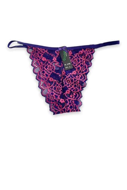 Lace thong with pink floral pattern on a white background