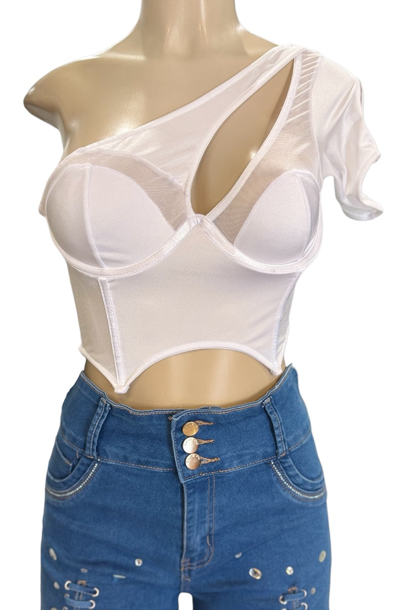 White sheer top on a mannequin with blue jeans