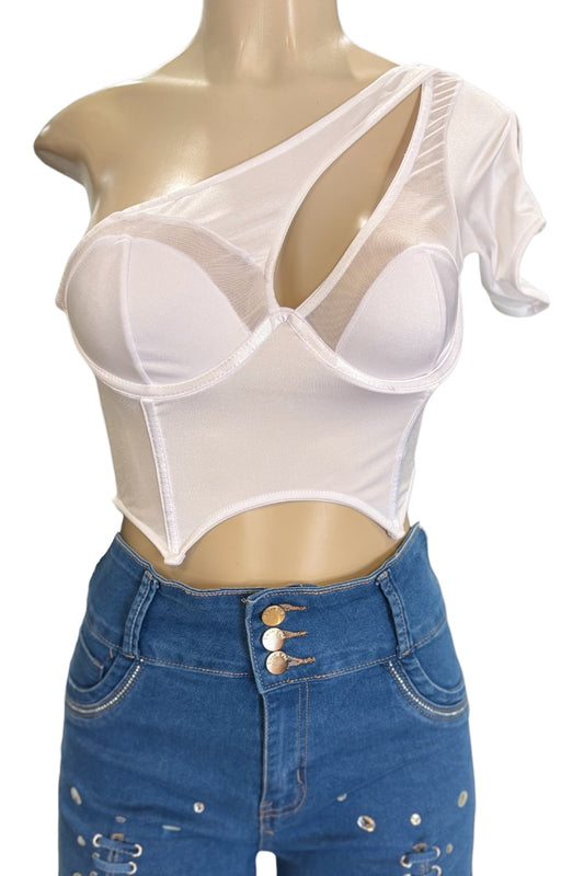 White sheer top on a mannequin with blue jeans