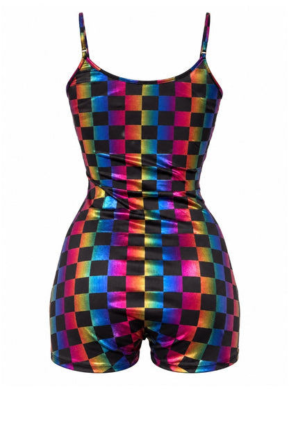 A one-piece romper with a black and multicolor holographic checkerboard pattern, featuring thin shoulder straps and a scoop neckline, shown against a plain white background.