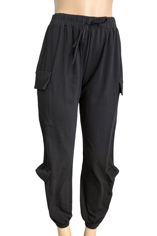 Black cargo jogger pants with an elastic drawstring waist, side cargo pockets, and elastic cuffs, shown on a mannequin against a white background.