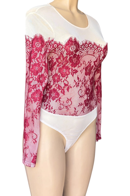 Cream top with burgundy floral lace overlay on a mannequin against a white background