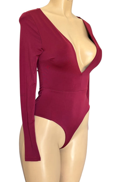Burgundy bodysuit on a mannequin against a white background