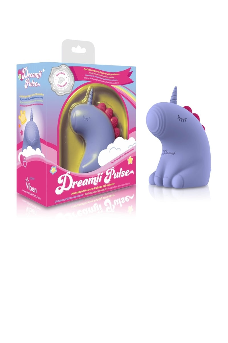 Purple unicorn-shaped toy with packaging on a white background
