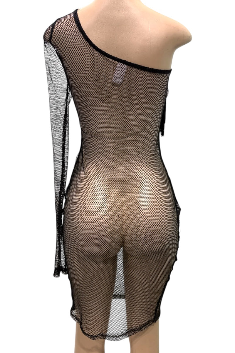 Black fishnet dress on a mannequin against a white background